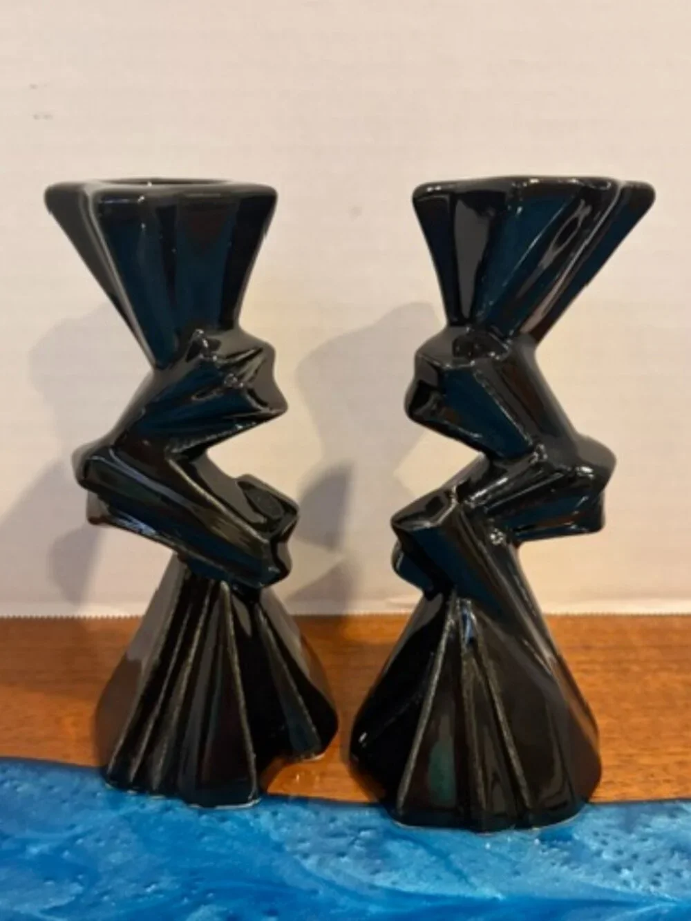 Pair of Black Art Deco Geometric Ceramic Candlestick Holders